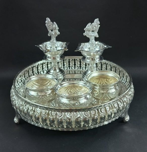 German silver plate with 3 bowls and peacock Diya Combo plate set - 6 pieces set