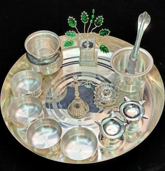 german silver pooja thali set for diwali pooja/housewarming pooja - 12 pieces