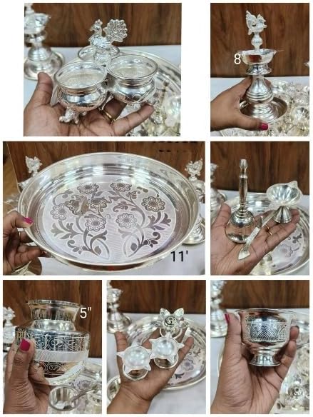 Pure German Silver Set of 14 Pieces Pooja thali Set