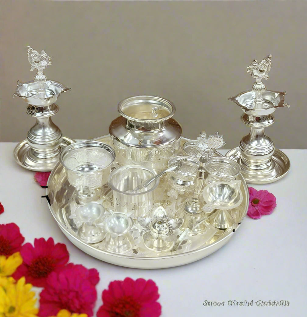 Pure German Silver Set of 14 Pieces Pooja thali Set