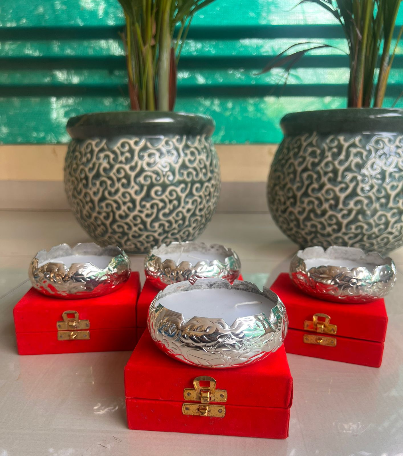 German Silver Set of 2 Pack with Velvet Box Candle for Home décor/Diwali/New Year