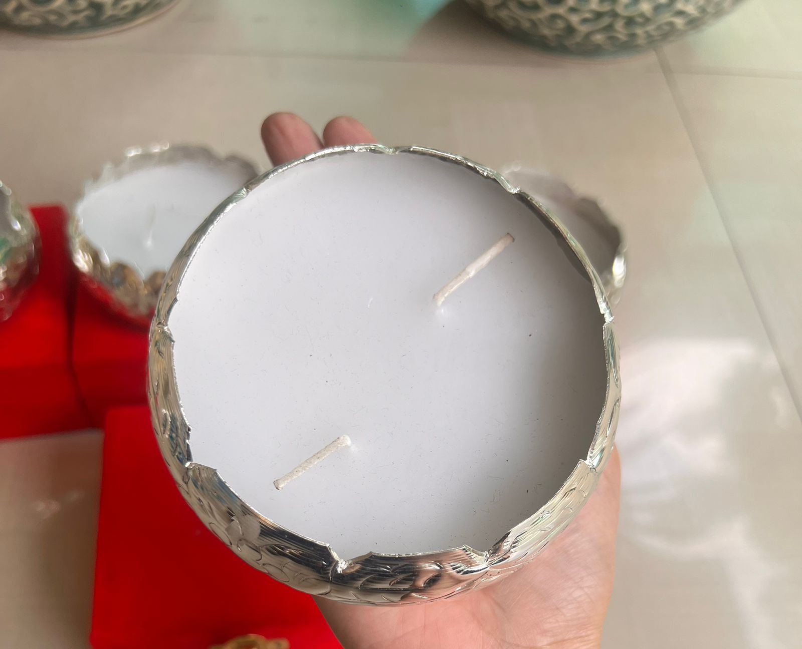 German Silver Set of 2 Pack with Velvet Box Candle for Home décor/Diwali/New Year