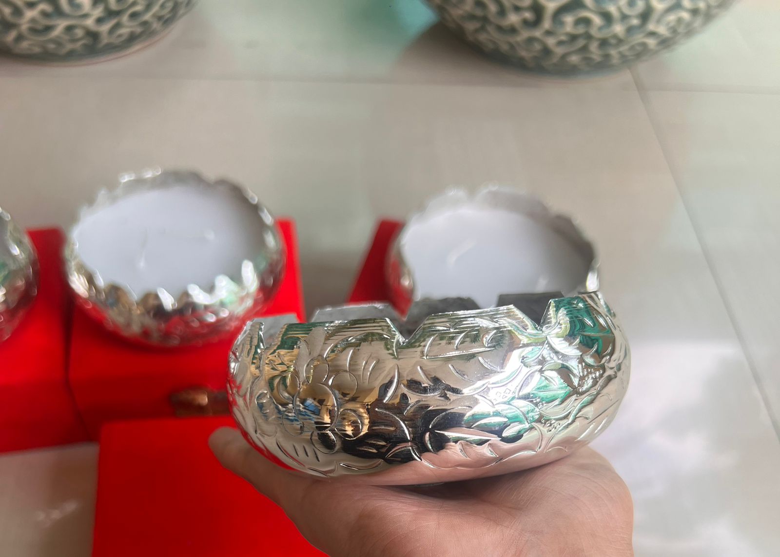 German Silver Set of 2 Pack with Velvet Box Candle for Home décor/Diwali/New Year