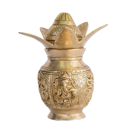 brass Ganesh Lakshmi kalash with leaves and coconut