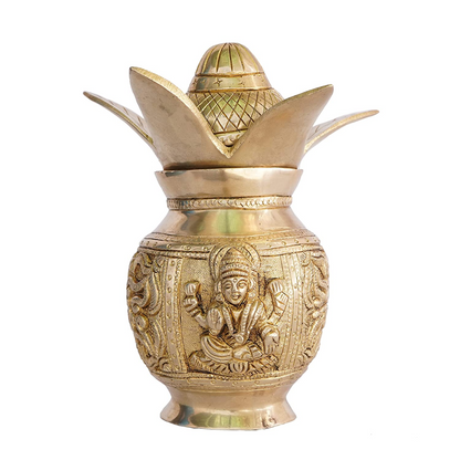 brass Ganesh Lakshmi kalash with leaves and coconut