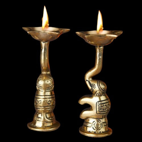 Brass Antique Finish Set of 2 Golden Decorative Elephant Brass Diya with Stand