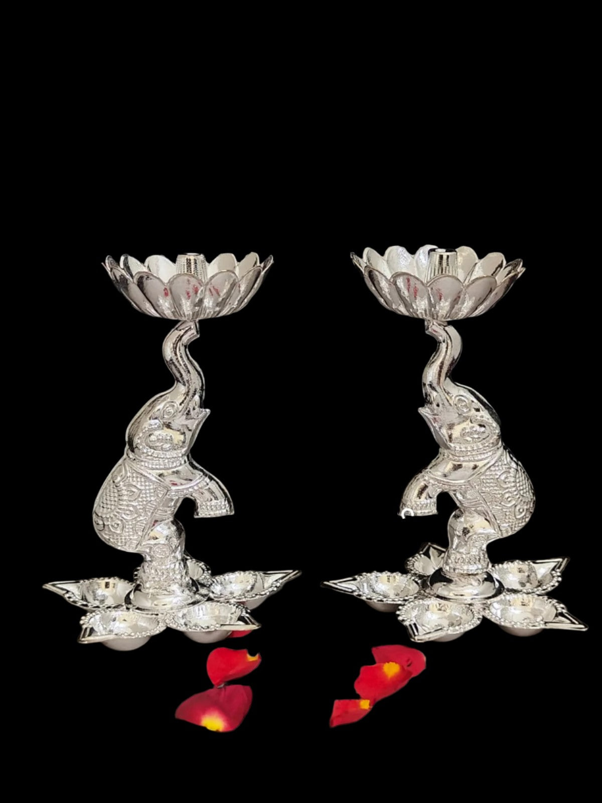 Set of 2 German Silver Elephant with Flower Diya Set, 5"