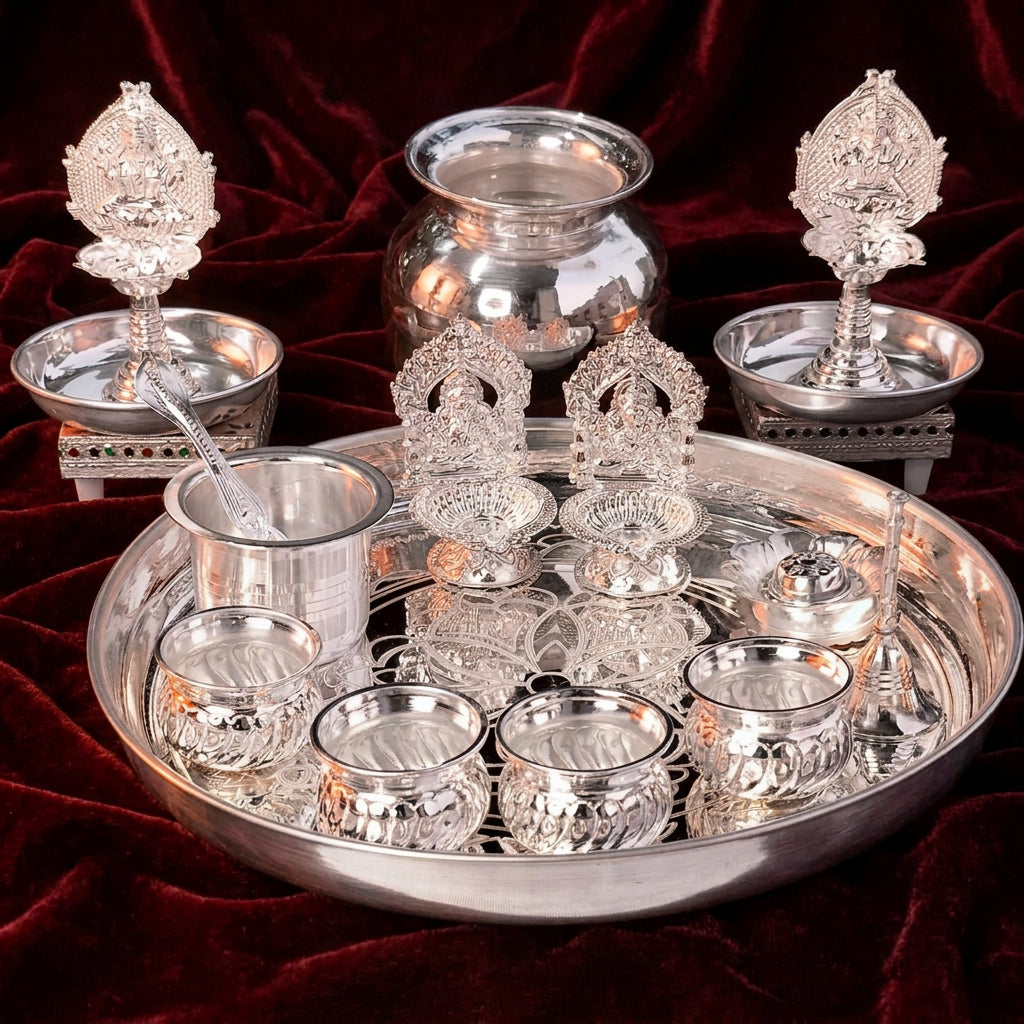 German Silver Regular use Pooja Combo Set for House Warming Pooja Party/Festival/Wedding