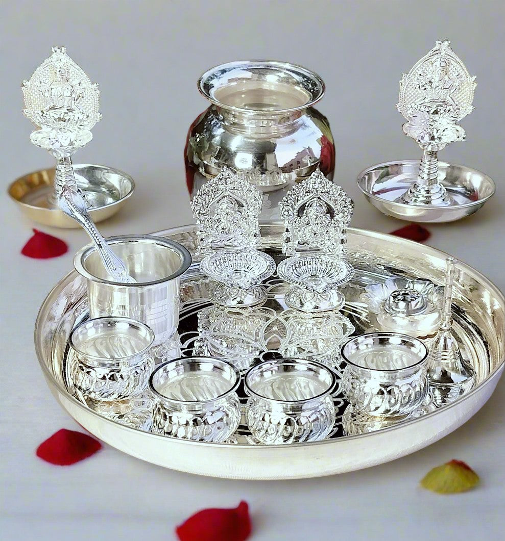 German Silver Regular use Pooja Combo Set for House Warming Pooja Party/Festival/Wedding