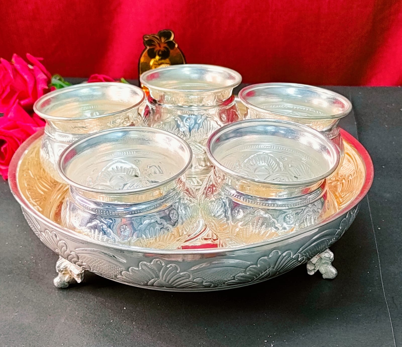 German silver nakkashi plate with 5 sweet bowls/snacks bowl