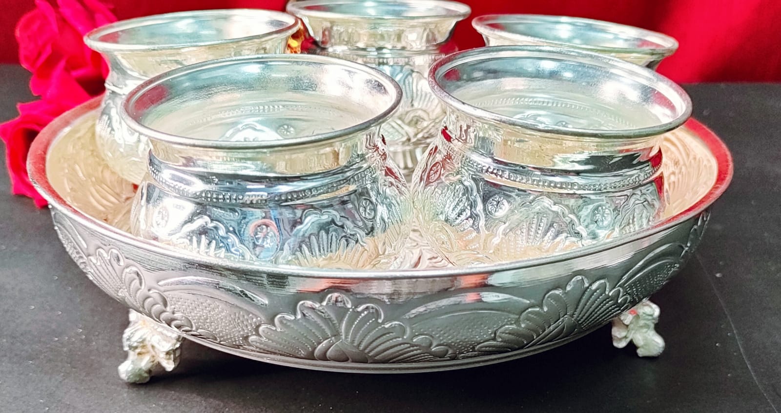 German silver nakkashi plate with 5 sweet bowls/snacks bowl