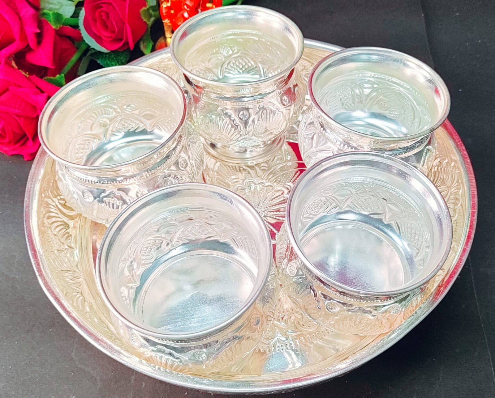 German silver nakkashi plate with 5 sweet bowls/snacks bowl