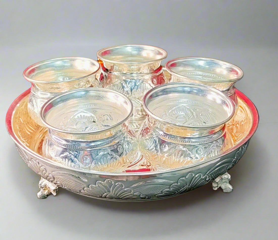 German silver nakkashi plate with 5 sweet bowls/snacks bowl