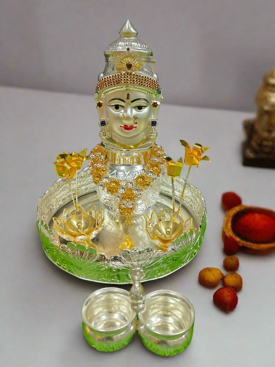 German silver pooja thali set- 9 pieces set