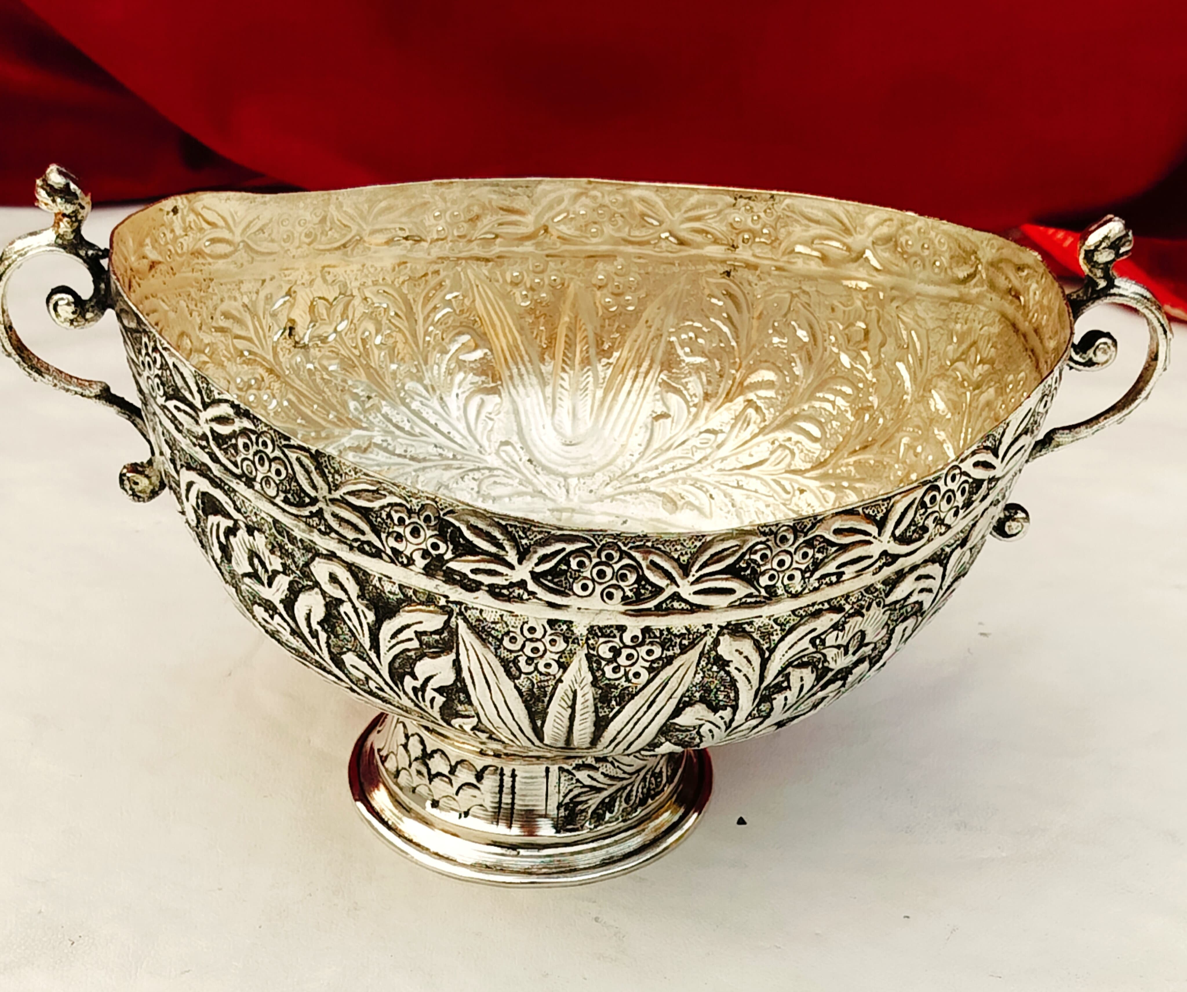 German silver oval urli/fruit snacks bowl with 2 side handle