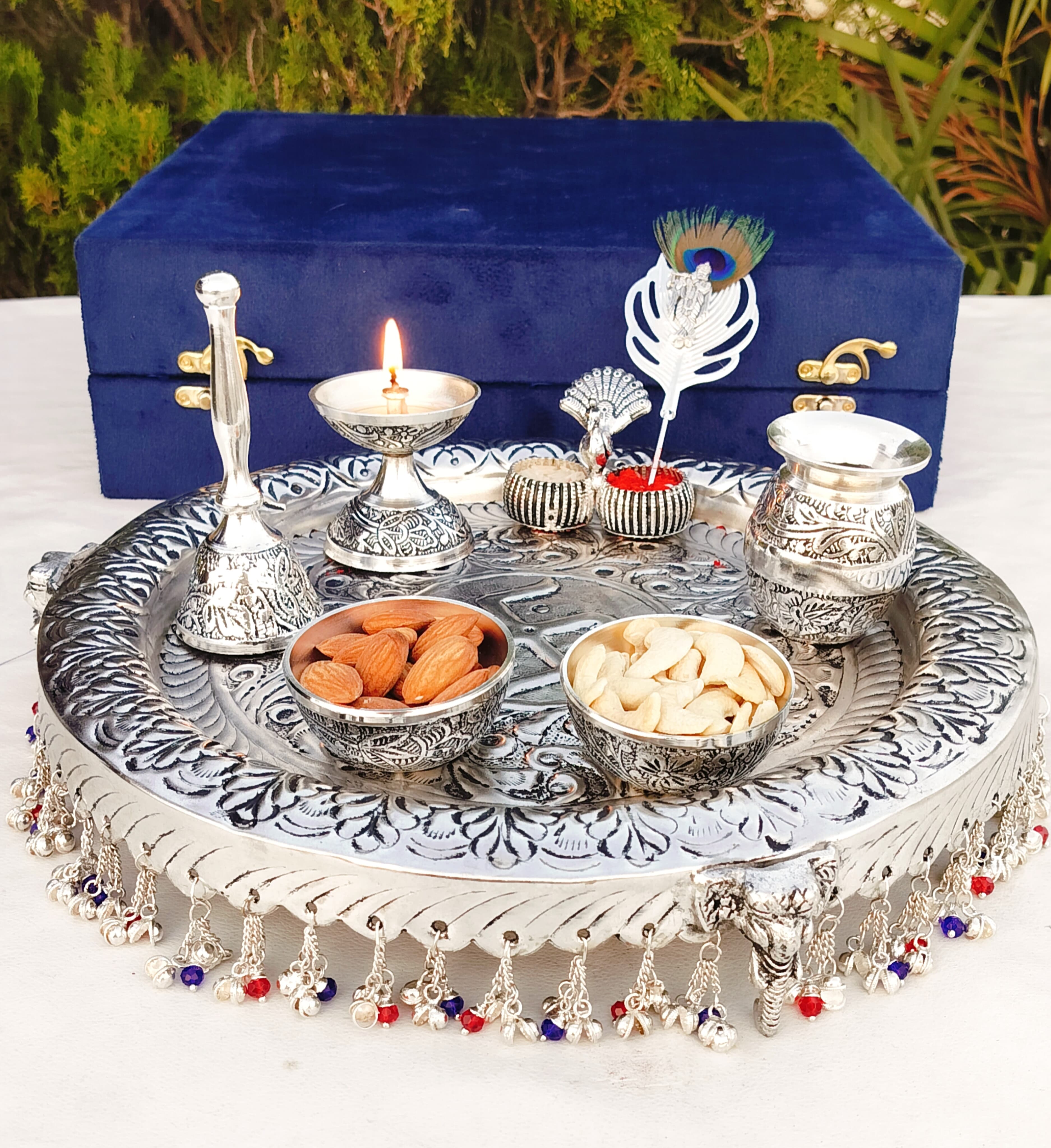 German Silver thali Set with Flute Krishna Tilak Stick