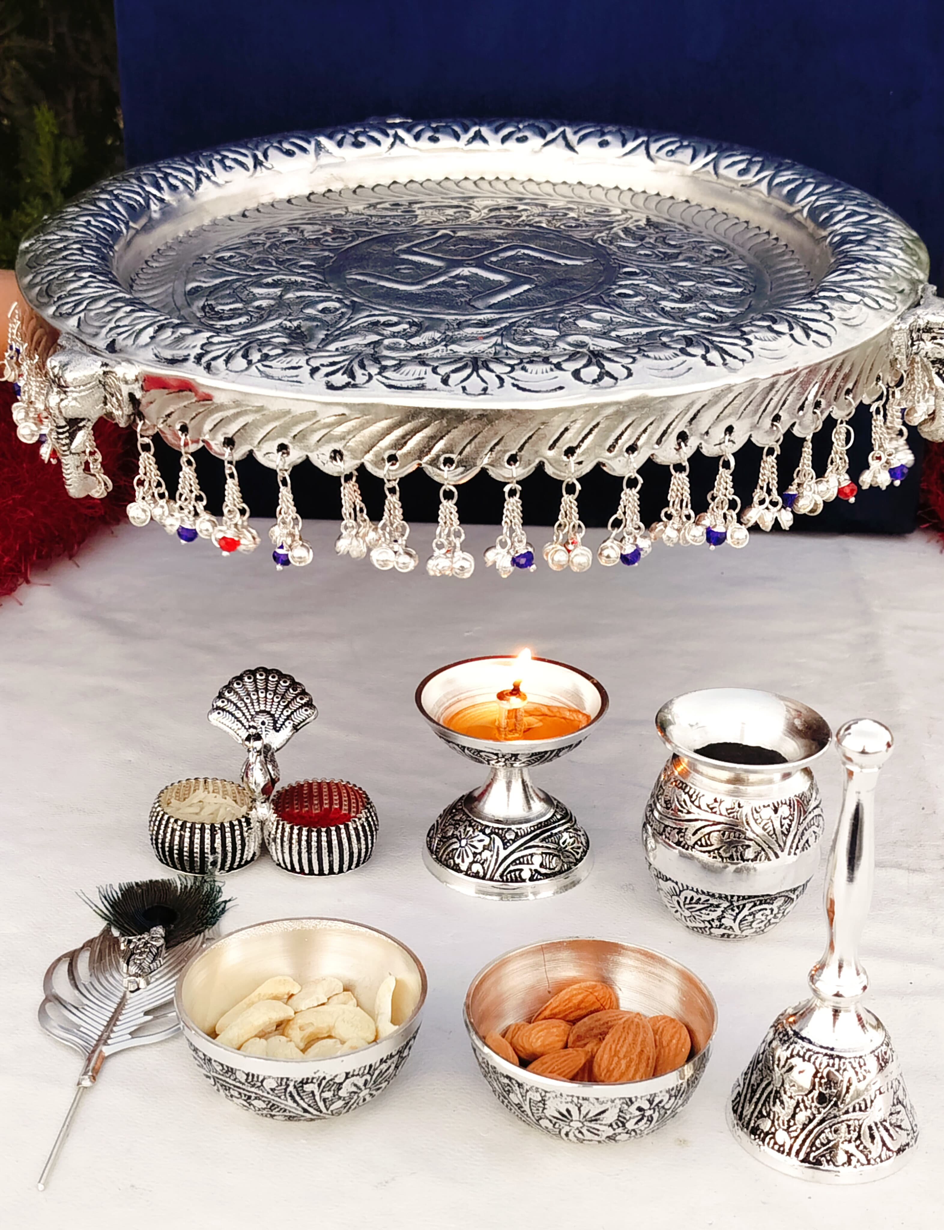 German Silver thali Set with Flute Krishna Tilak Stick