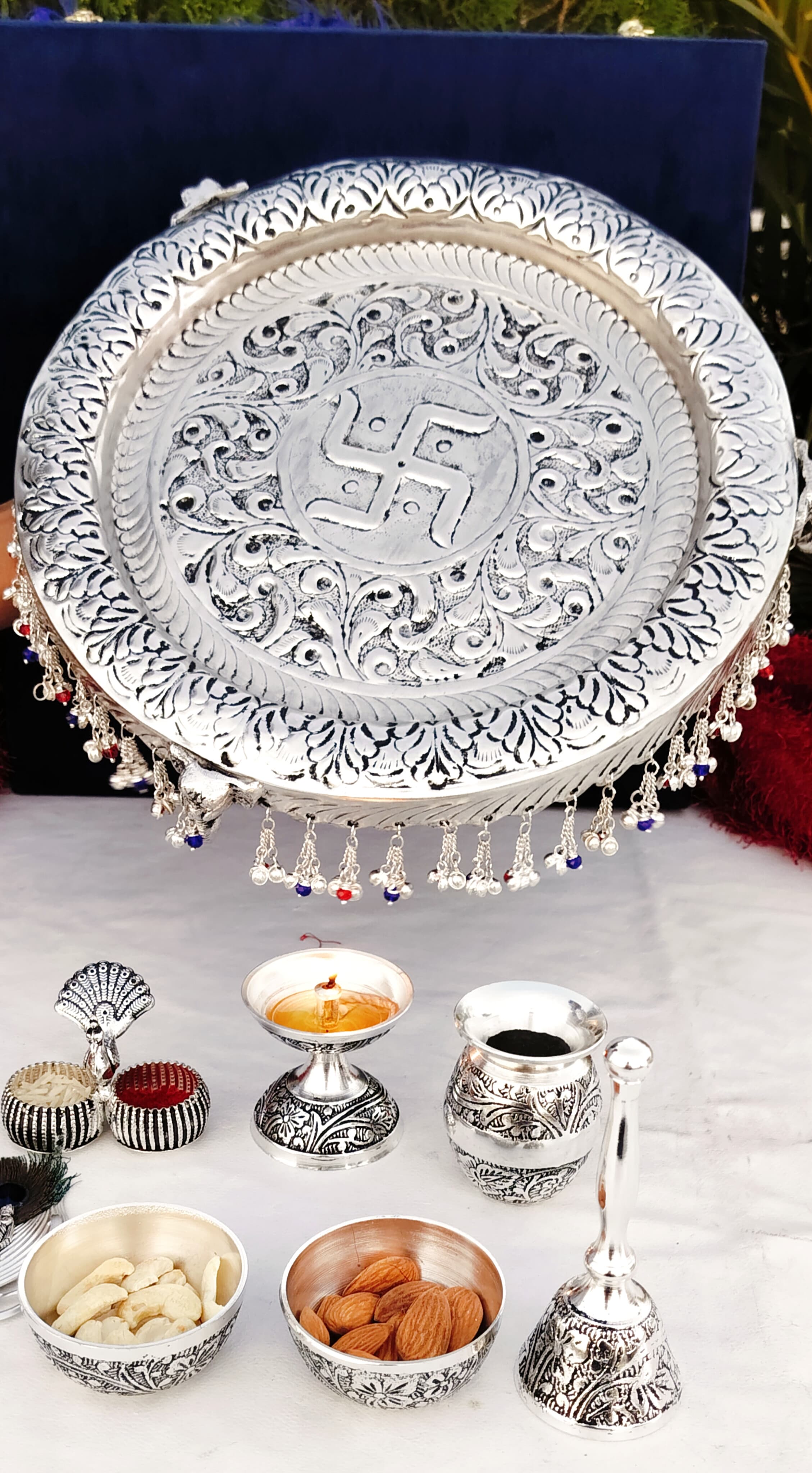 German Silver thali Set with Flute Krishna Tilak Stick