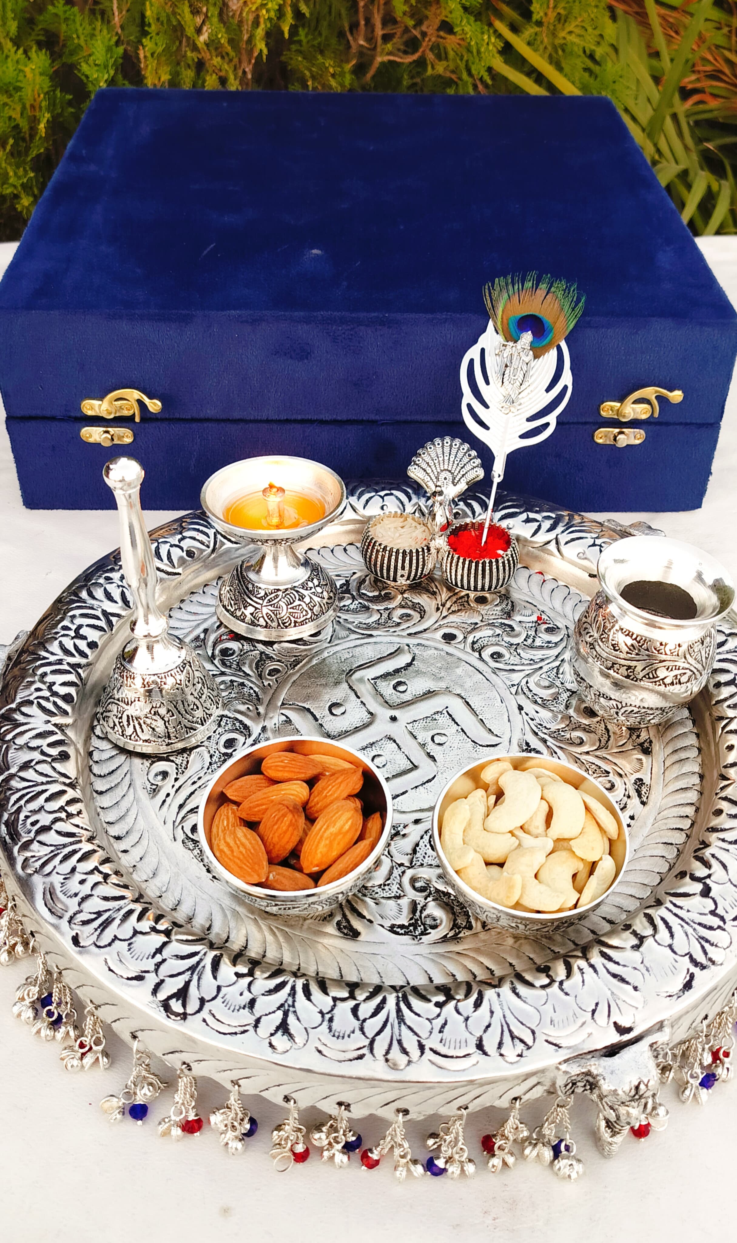 German Silver thali Set with Flute Krishna Tilak Stick