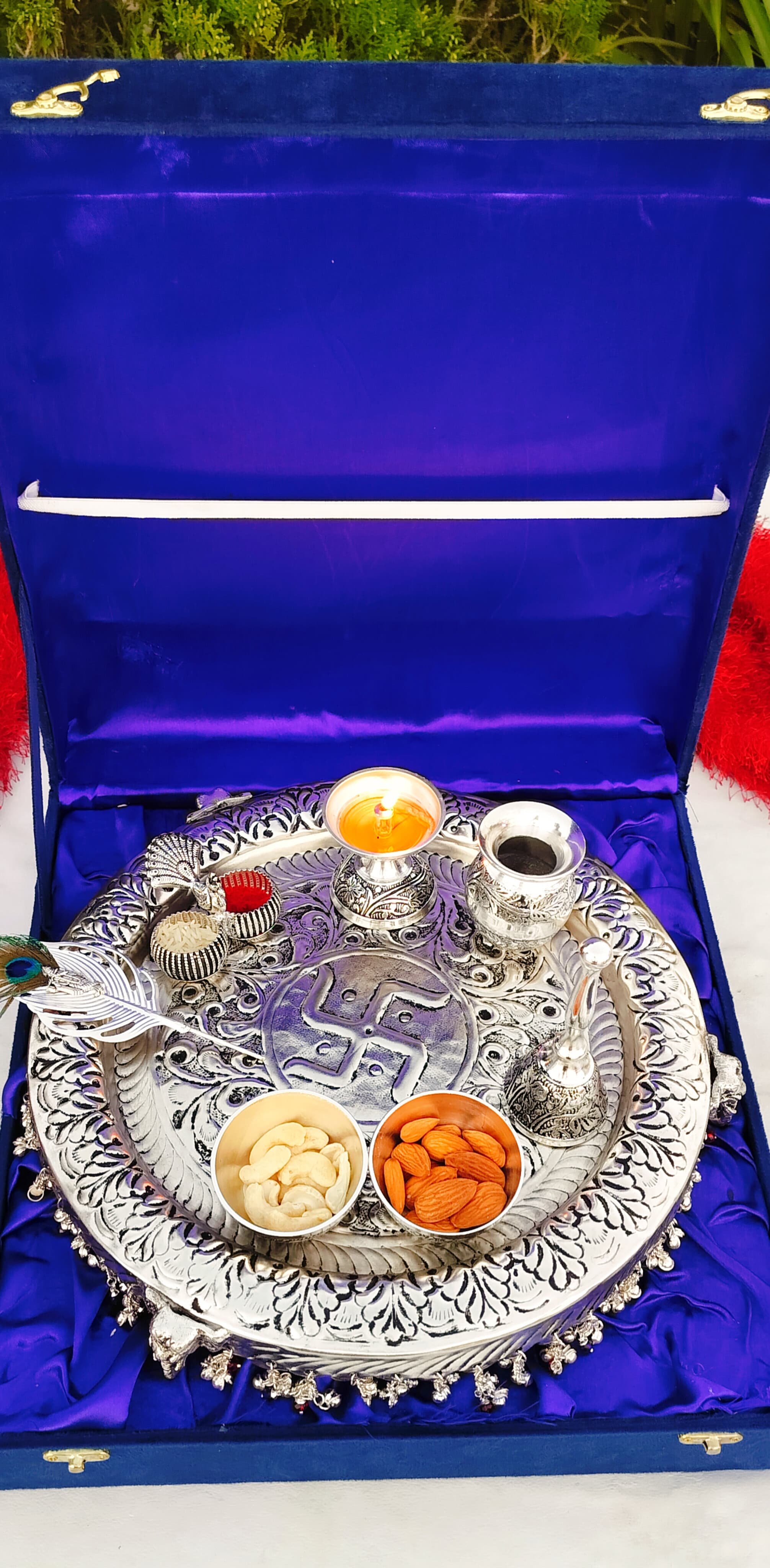 German Silver thali Set with Flute Krishna Tilak Stick