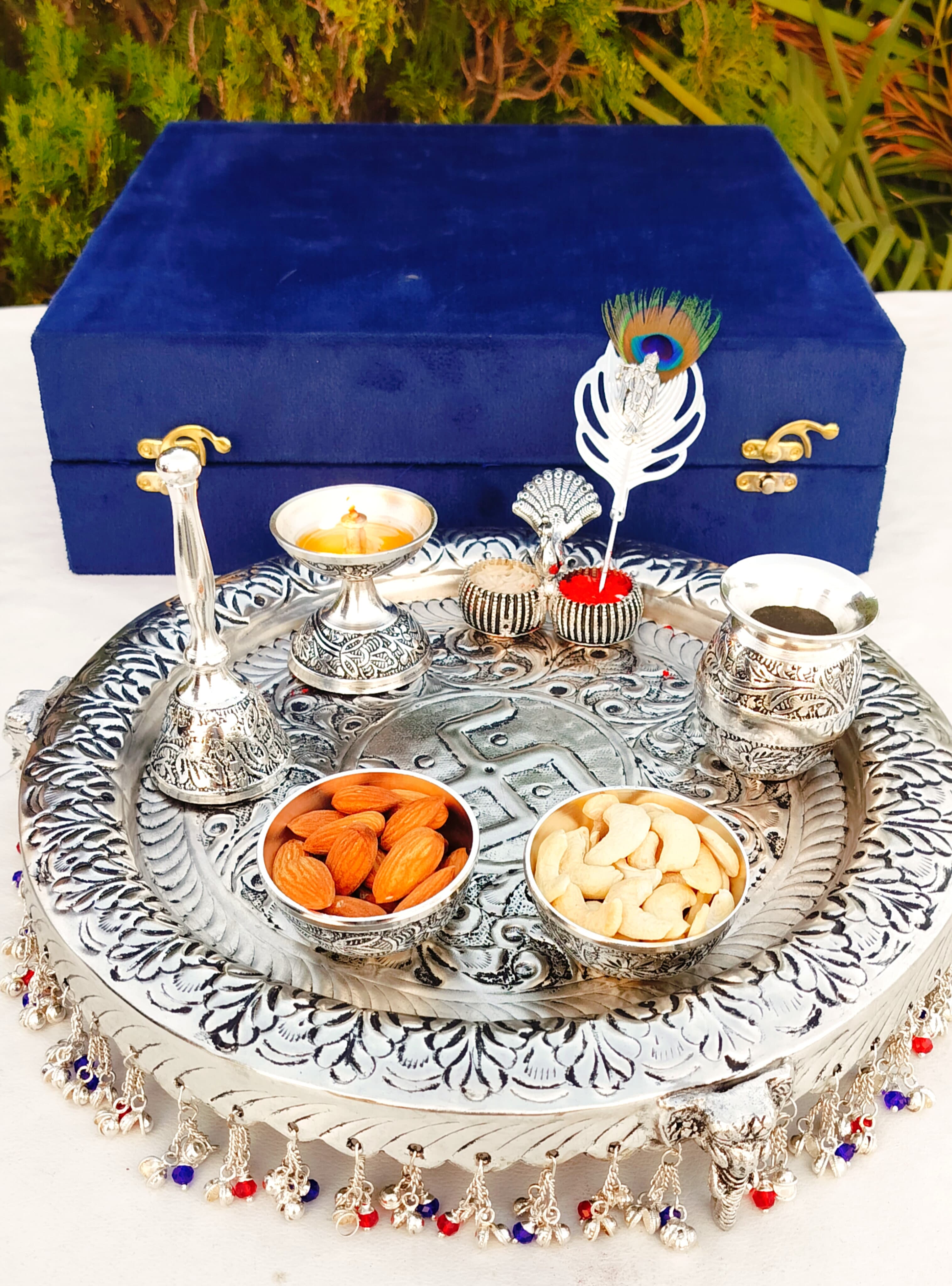 German Silver thali Set with Flute Krishna Tilak Stick