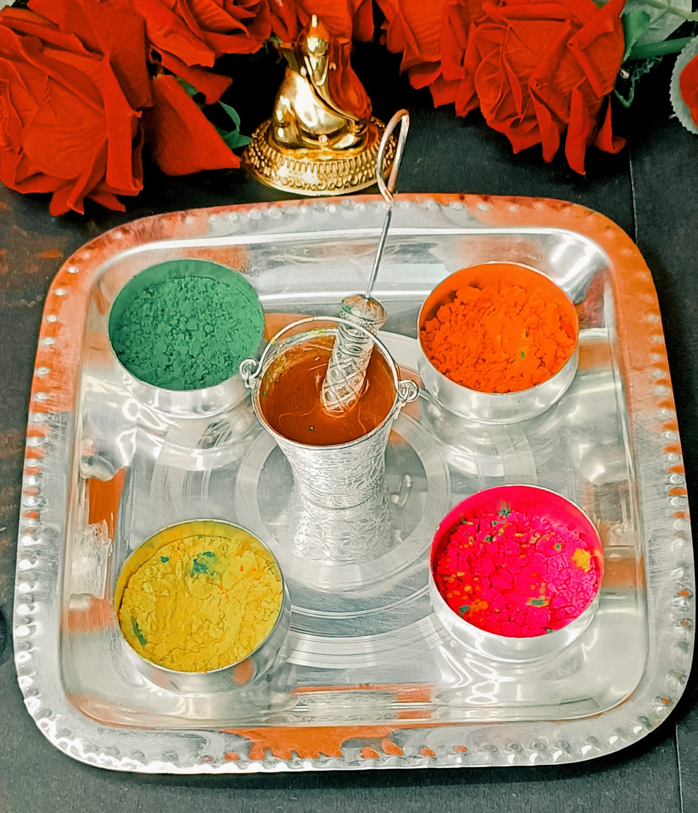 Small German Silver Holi Festival Plate Set/Small Pooja Set