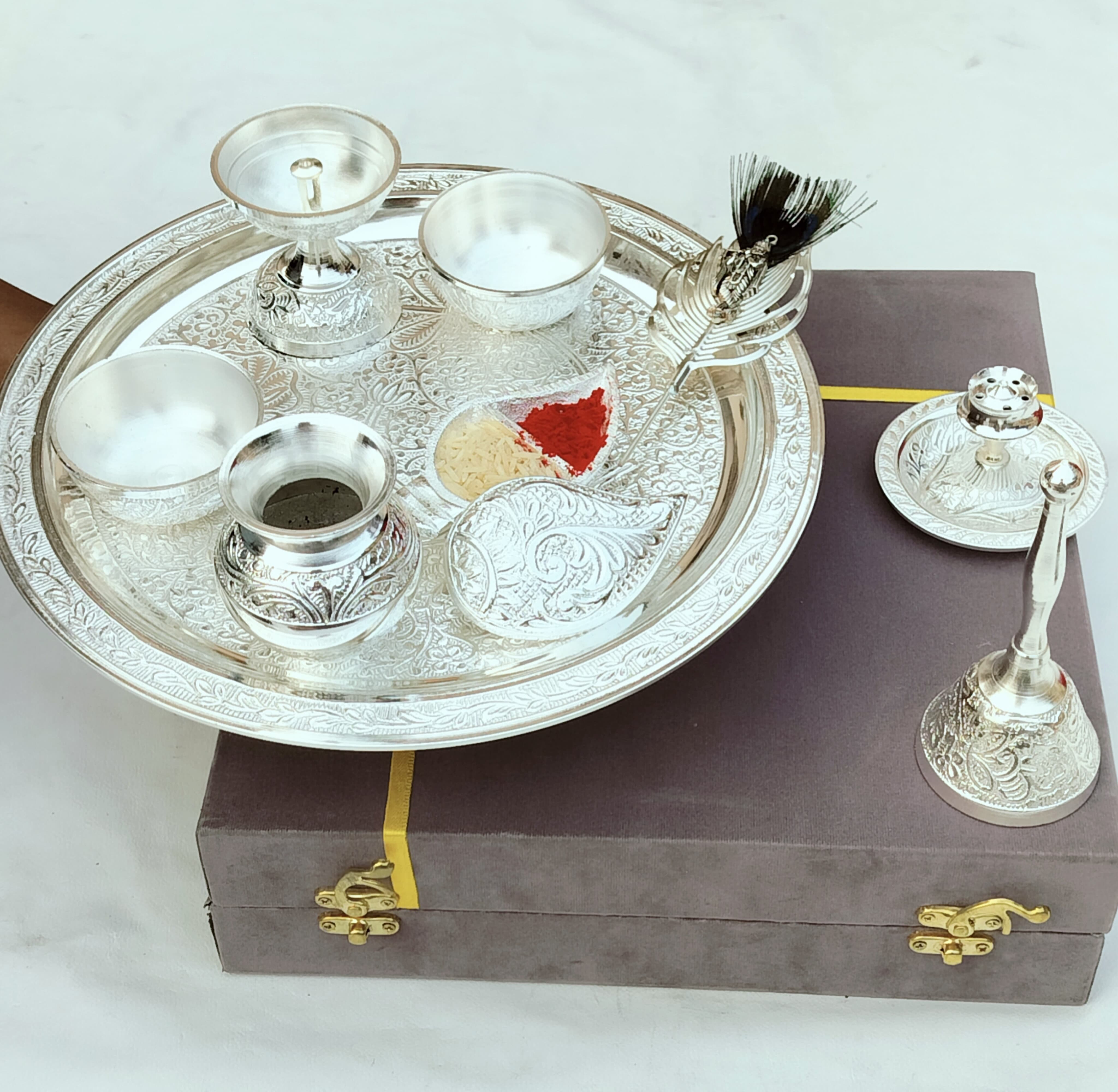 German Silver Pooja Set with Flute Krishna Tilak Stick