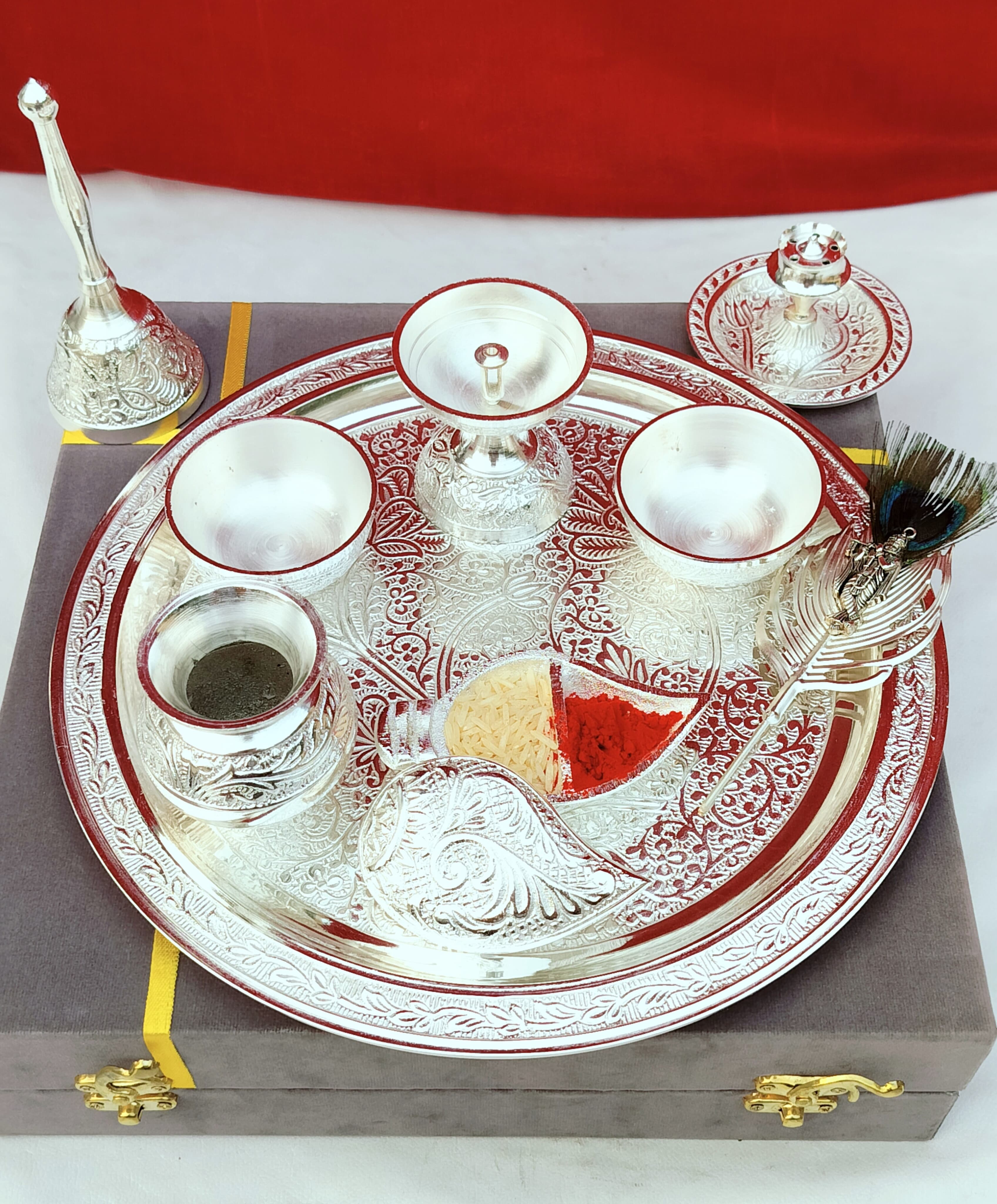 German Silver Pooja Set with Flute Krishna Tilak Stick