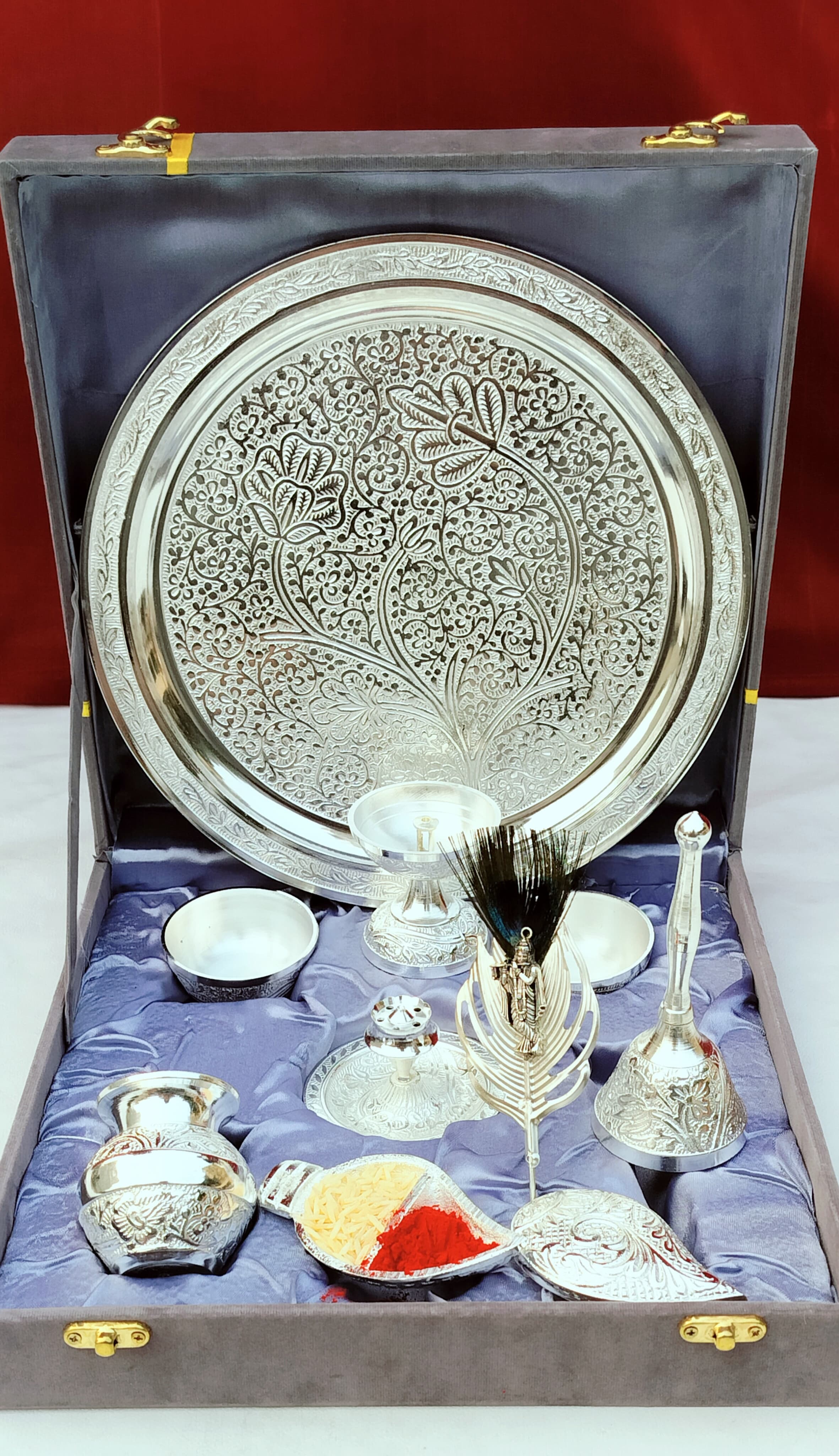German Silver Pooja Set with Flute Krishna Tilak Stick