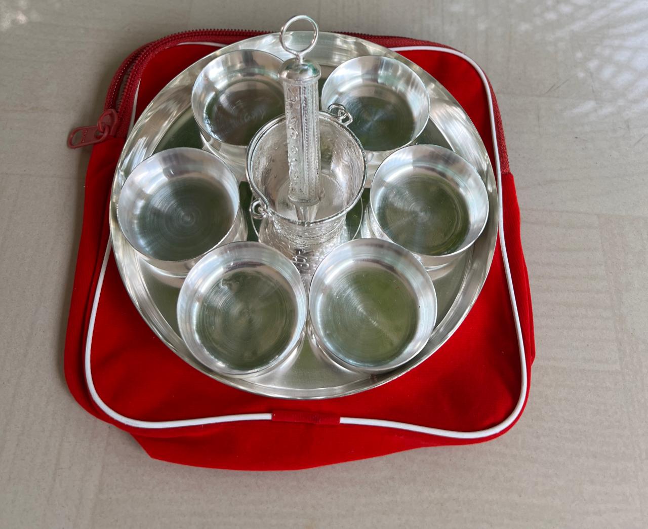 German Silver Small Holi Hamper Set Balti Pichkari Set with 6 vaatis/Bowls and Plate