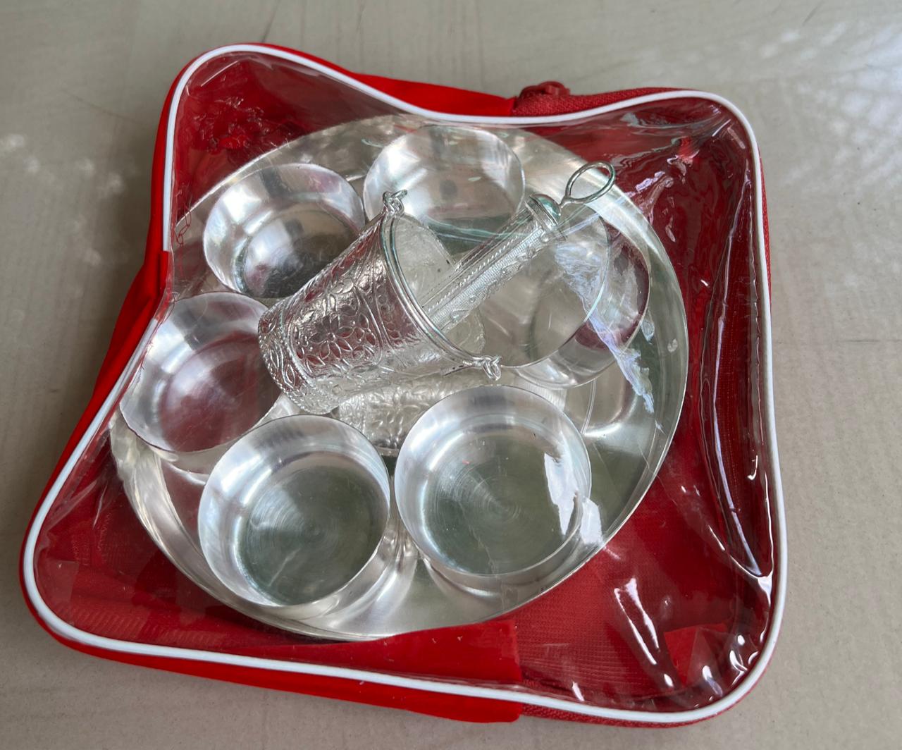 German Silver Small Holi Hamper Set Balti Pichkari Set with 6 vaatis/Bowls and Plate