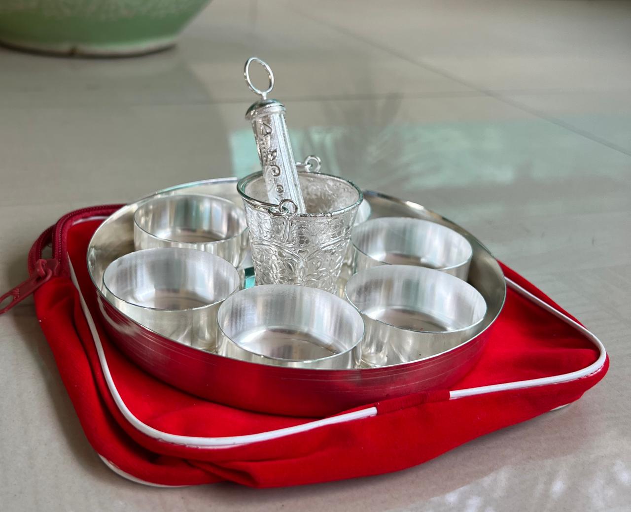 German Silver Small Holi Hamper Set Balti Pichkari Set with 6 vaatis/Bowls and Plate
