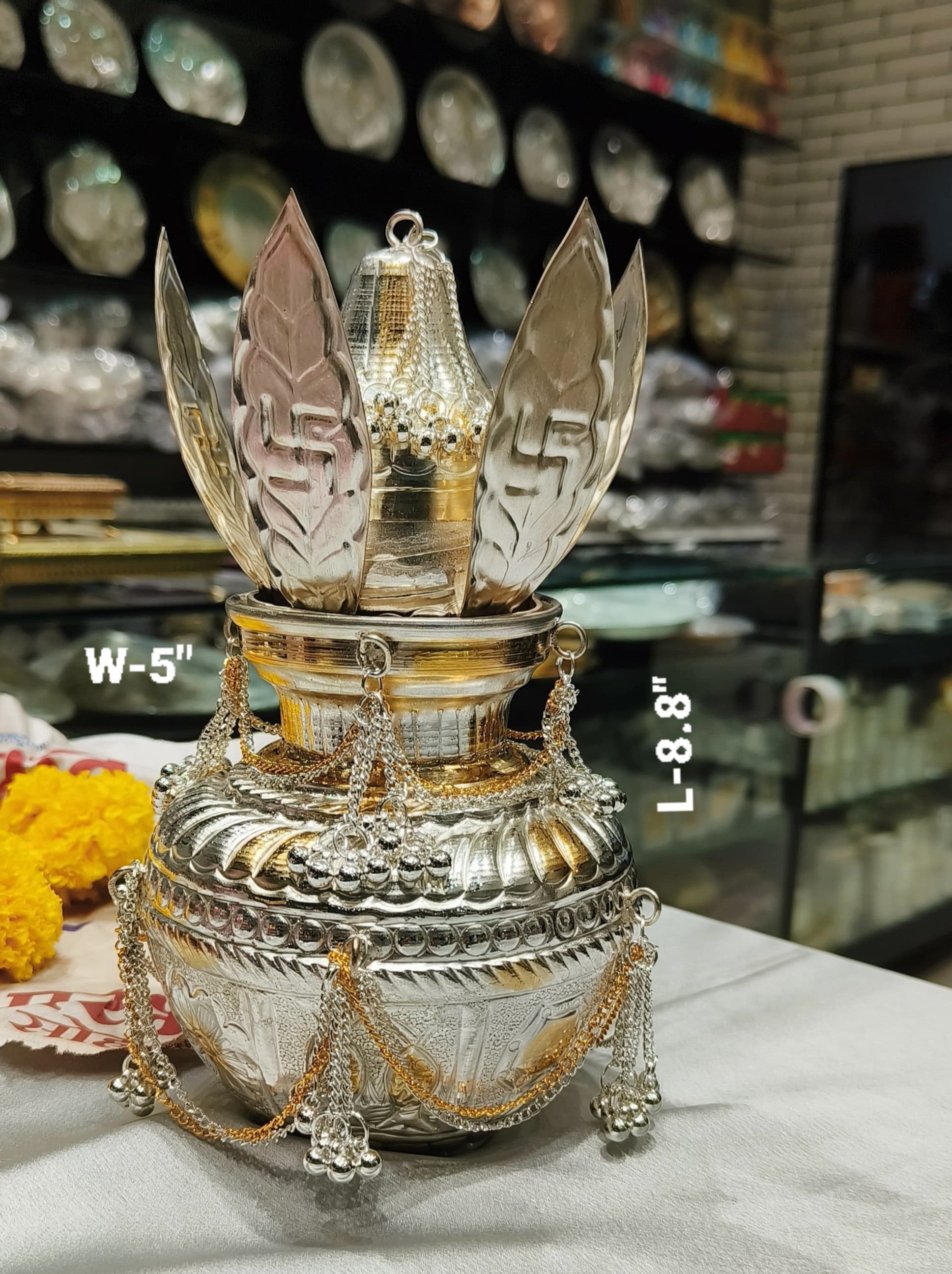 silver plated  Dual Tone Ganga Jamuna Kalash Nariyal & Paan Set