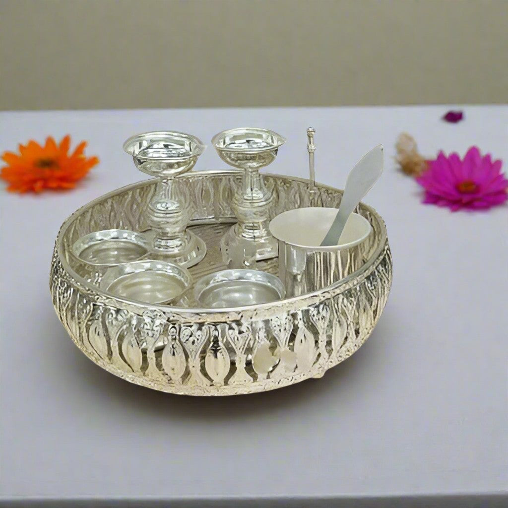 German Silver Pooja thali Set of 9 Pieces