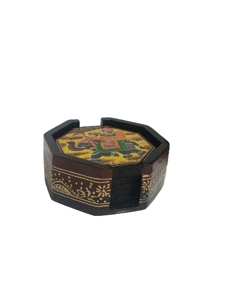 Wooden Hand-Painted Coaster – Elephant Design, Artistic Table Décor, brown