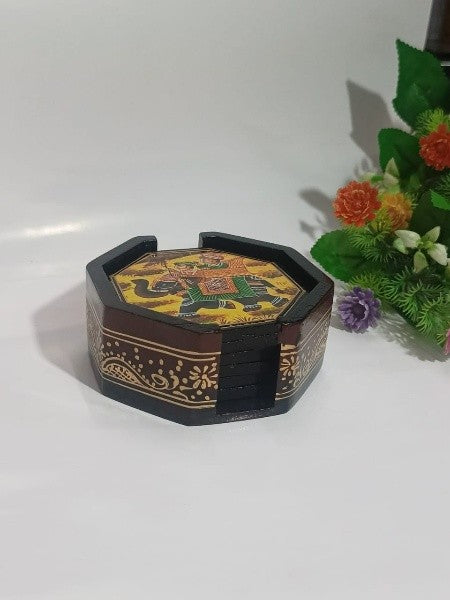 Wooden Hand-Painted Coaster – Elephant Design, Artistic Table Décor, brown
