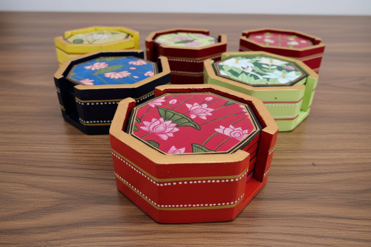 Wooden Hand-Painted Coaster – flower Design, Artistic Table Décor,red