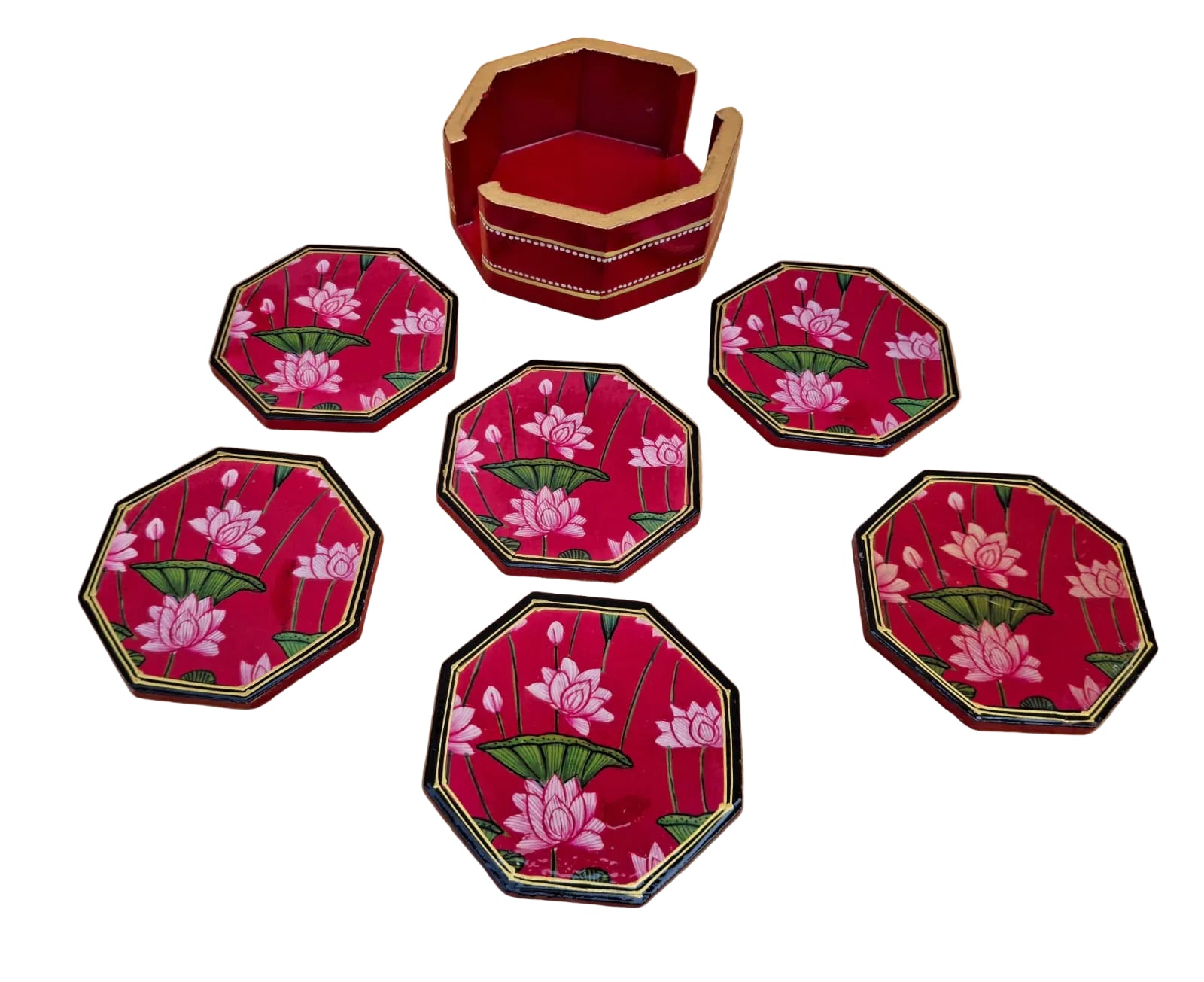 Wooden Hand-Painted Coaster – flower Design, Artistic Table Décor,red