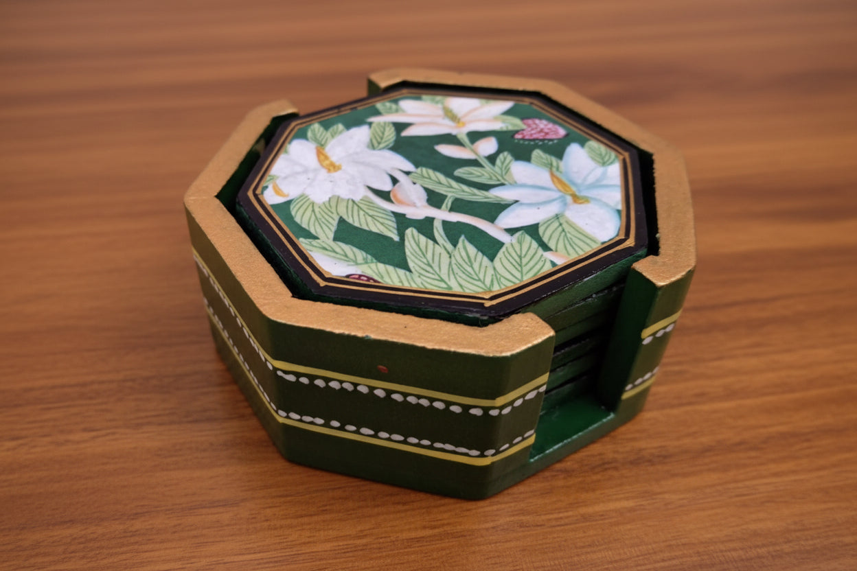 Wooden Hand-Painted Coaster – flower Design, Artistic Table Décor, green