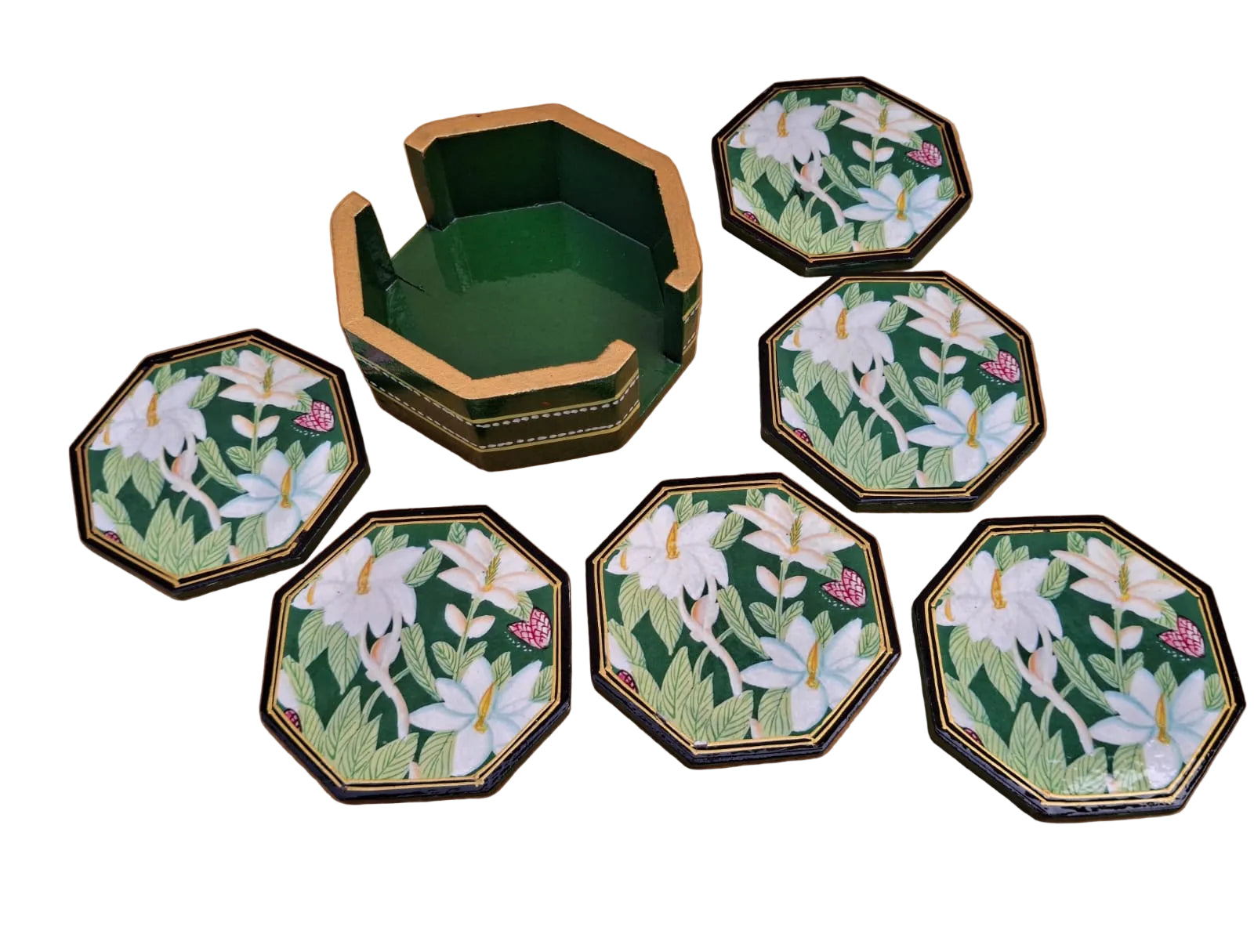 Wooden Hand-Painted Coaster – flower Design, Artistic Table Décor, green