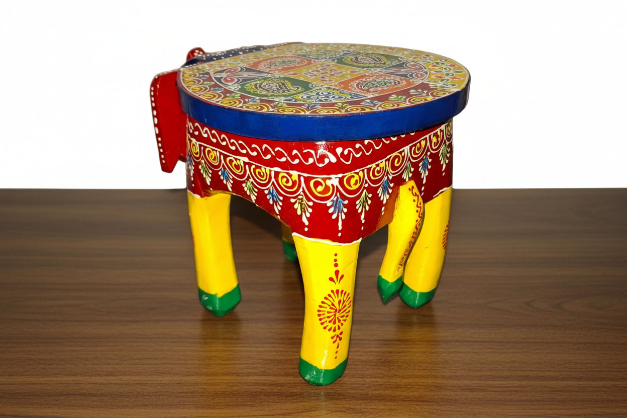 Wooden Hand-Painted Elephant Stool – 8 Inch Decorative Accent