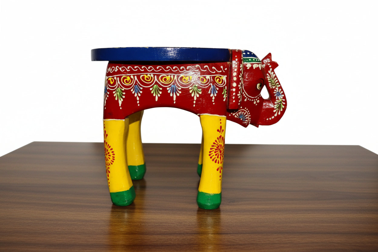 Wooden Hand-Painted Elephant Stool – 8 Inch Decorative Accent