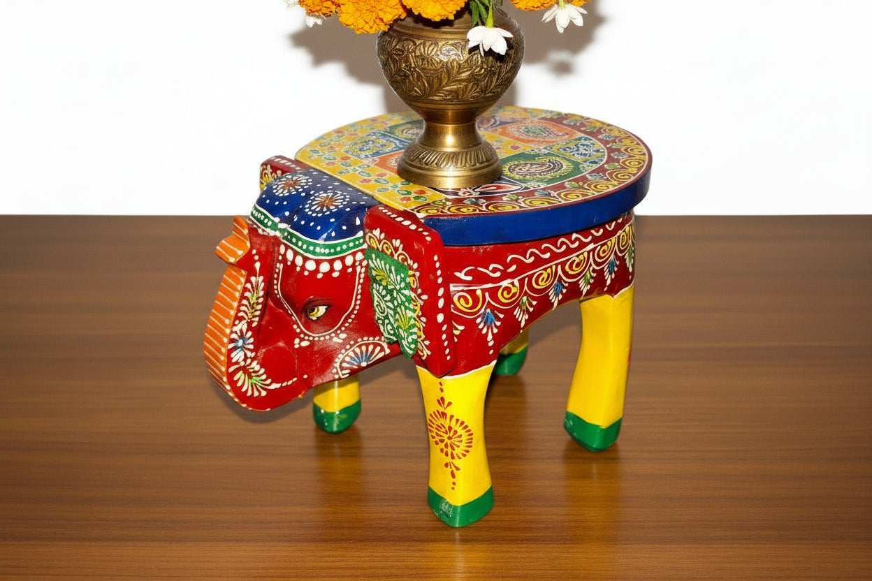 Wooden Hand-Painted Elephant Stool – 8 Inch Decorative Accent
