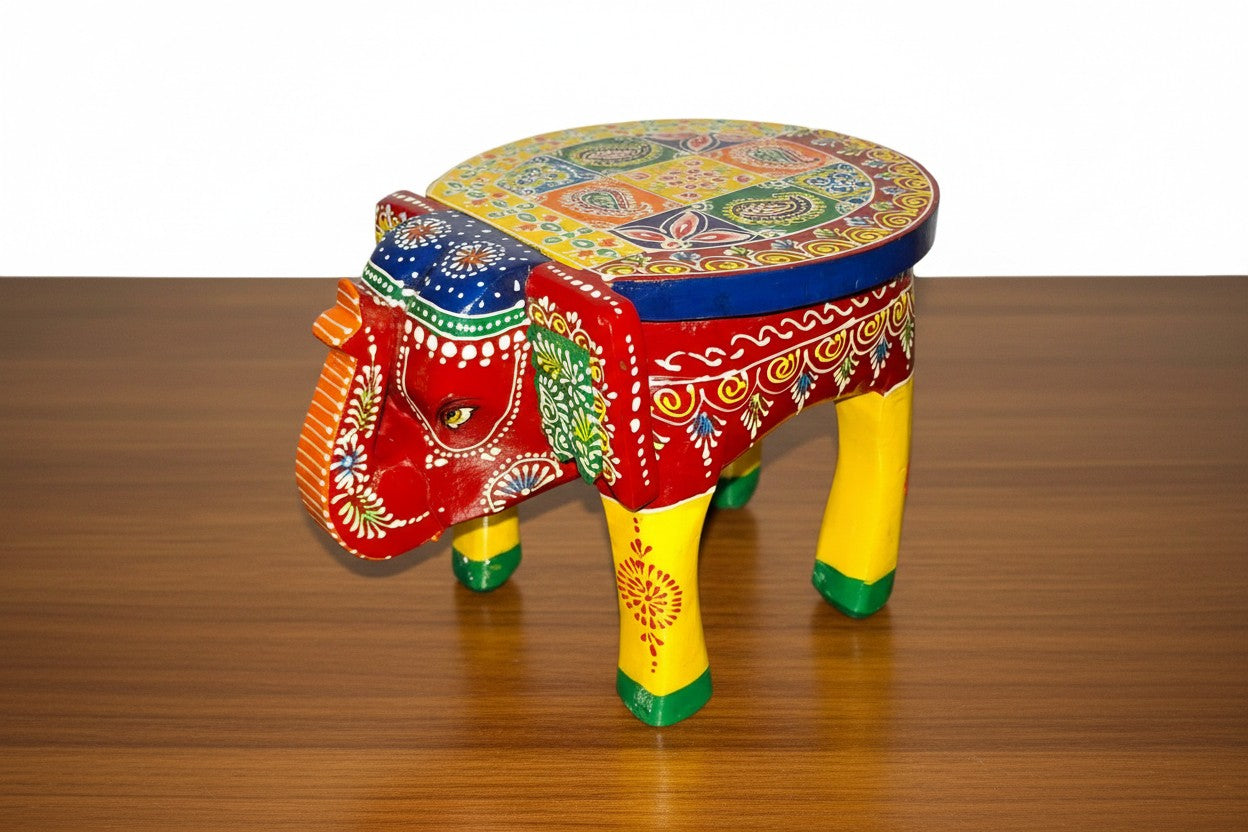 Wooden Hand-Painted Elephant Stool – 8 Inch Decorative Accent