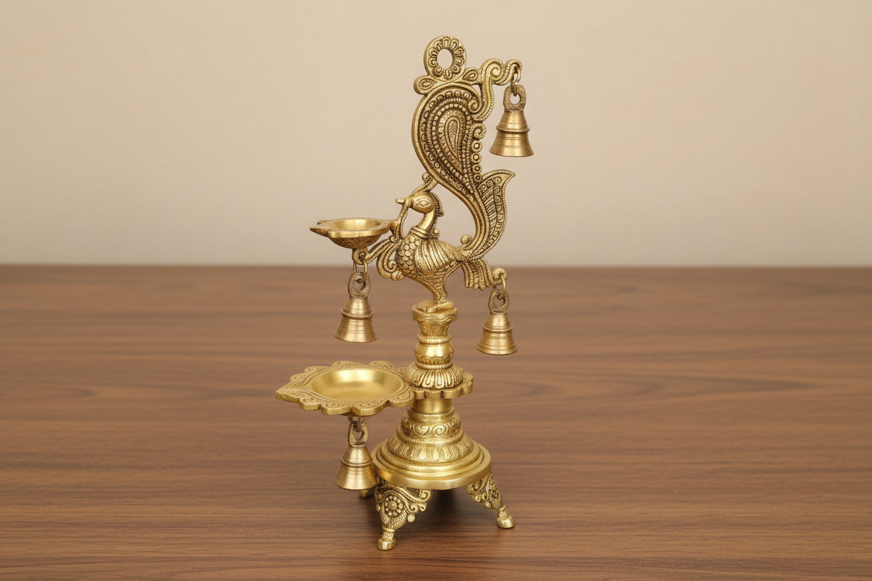 Brass Peacock Oil Lamp – Traditional Diya for Home Décor, Puja & Gifting, 1 piece, 13.5"