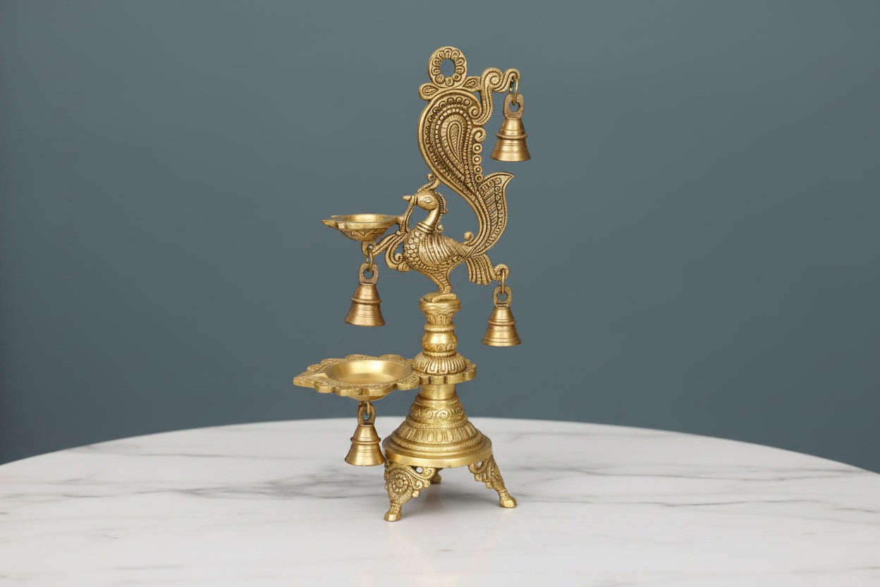 Brass Peacock Oil Lamp – Traditional Diya for Home Décor, Puja & Gifting, 1 piece, 13.5"