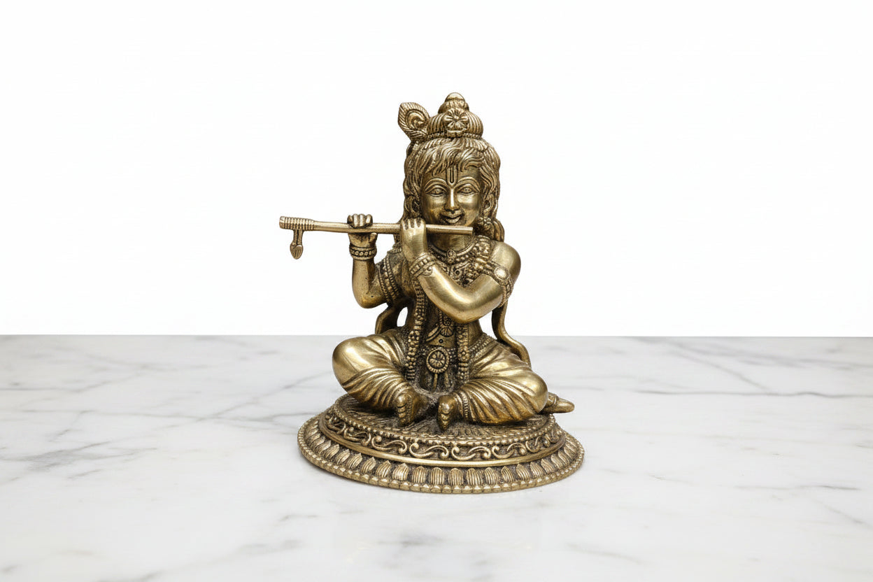 Brass Krishna Statue – Lord Krishna Playing Flute for Home Temple & Décor