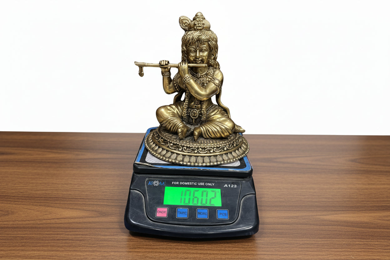 Brass Krishna Statue – Lord Krishna Playing Flute for Home Temple & Décor