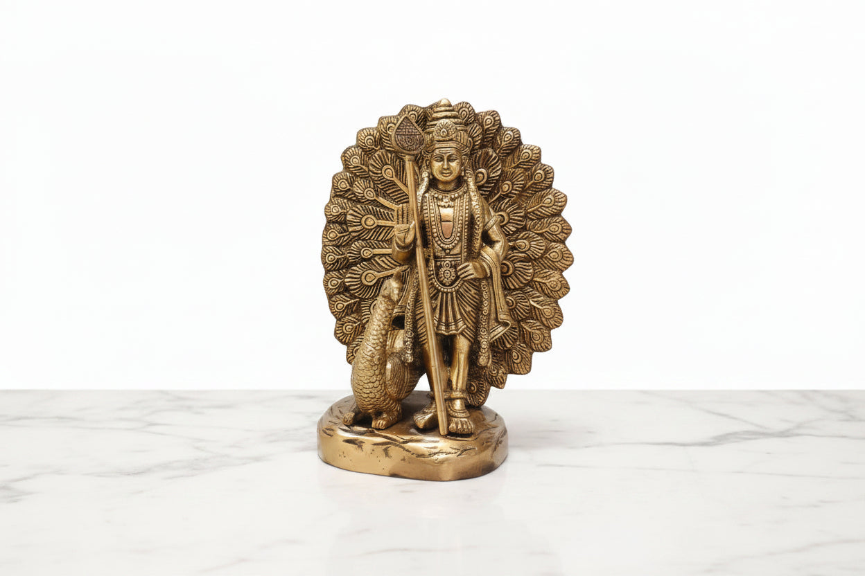 Brass Murugan Statue with Peacock – Lord Kartikeya for Home Temple & Décor