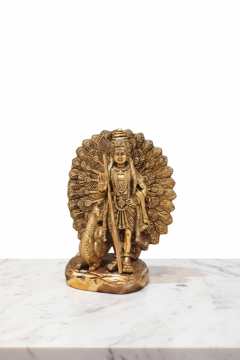 Brass Murugan Statue with Peacock – Lord Kartikeya for Home Temple & Décor